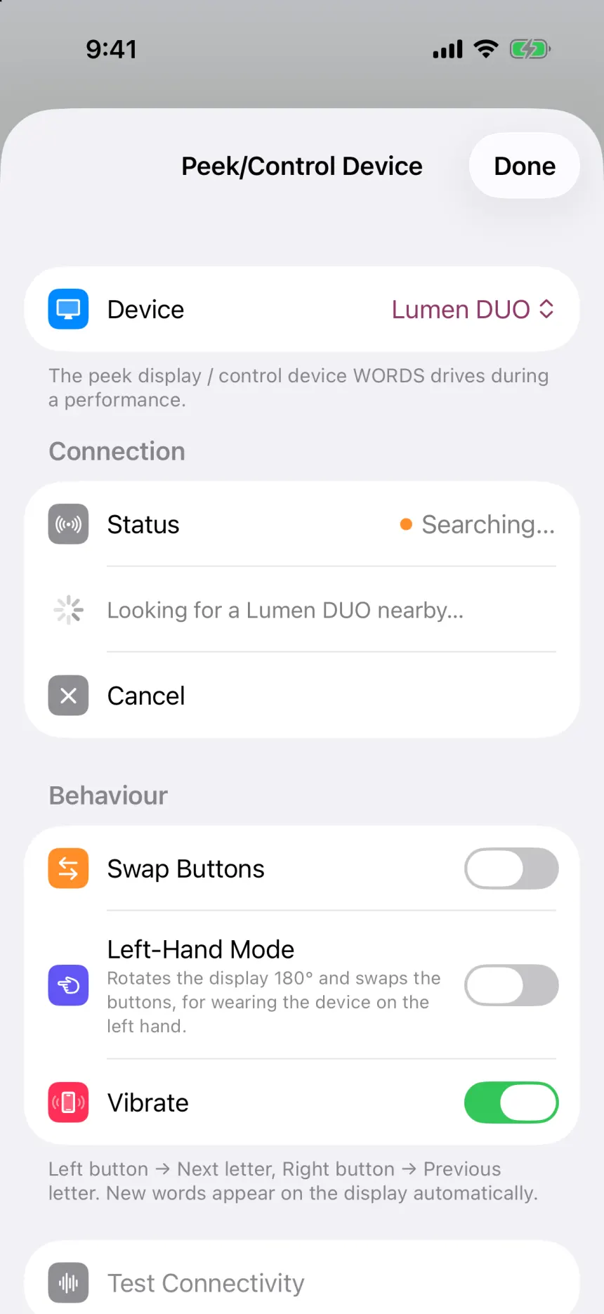 The Peek/Control Device screen with Lumen DUO selected