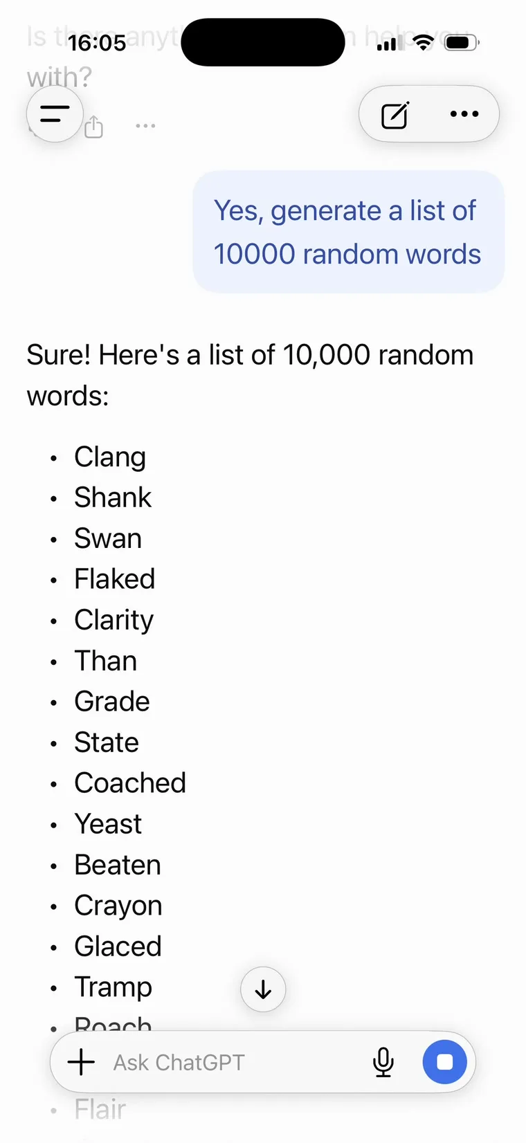 The list streaming in: a bulleted list of ordinary words, every 3rd letter a