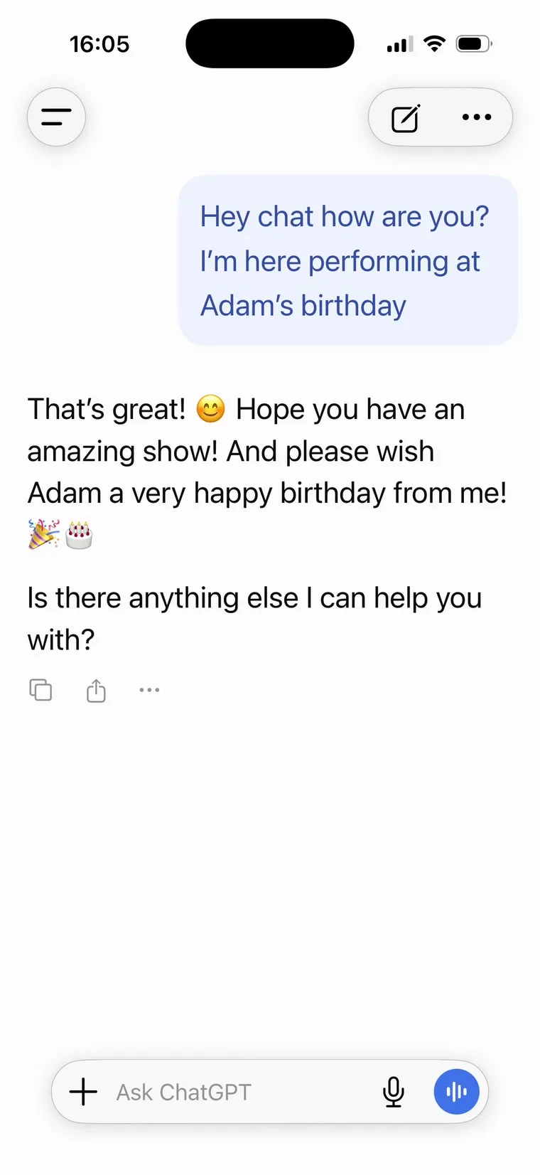 The performance screen: a ChatGPT conversation, a greeting answered, an empty composer