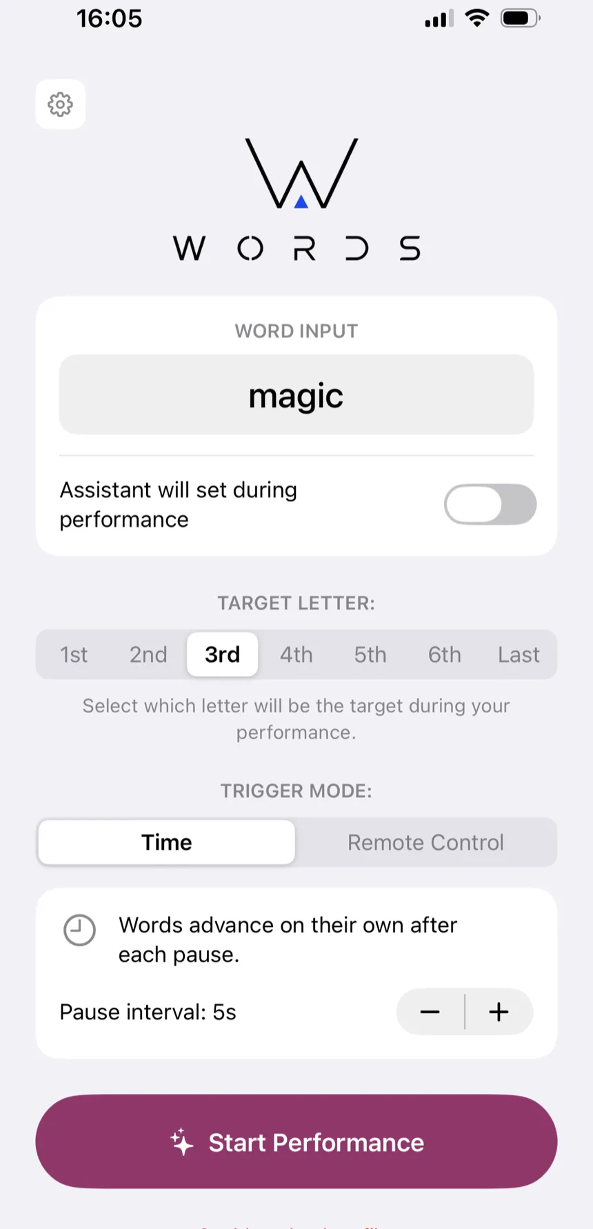 The setup screen: a word, a letter position, the Time or Remote Control trigger, and Start